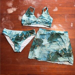 Green Marble Bikini Set with Skirt